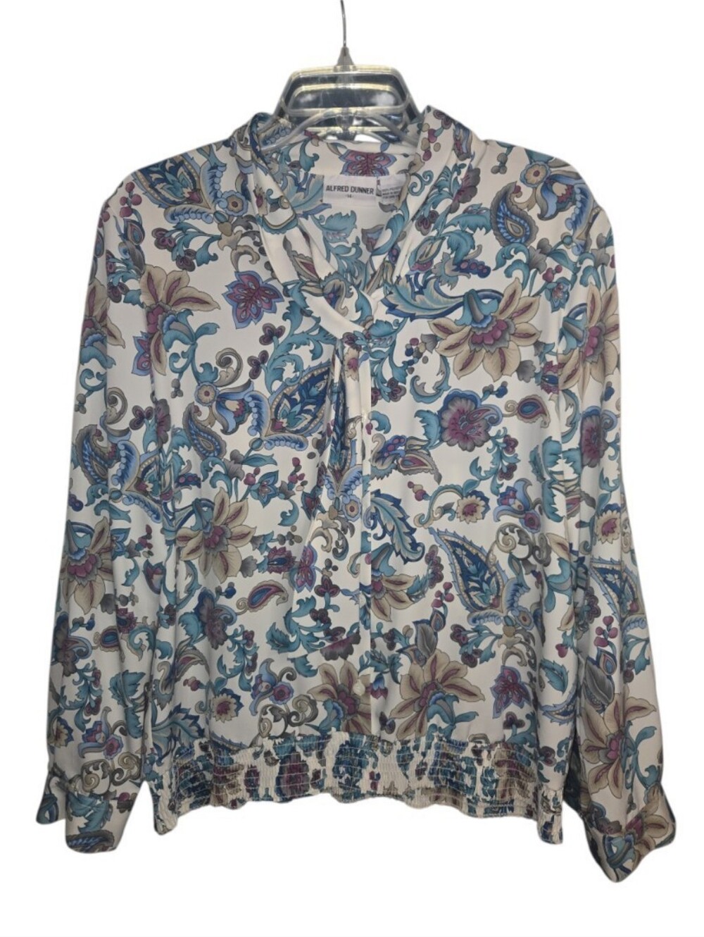 Alfred Dunner Paisley Tie Neck Blouse Smocked Waist Top